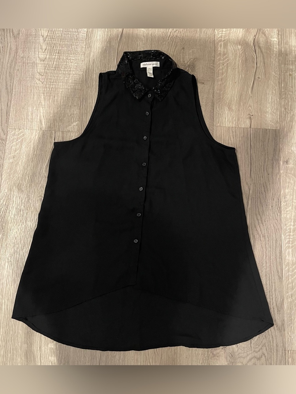 Black Sheer Sleeveless Blouse Top Shirt Sequin Collar Large By Ambiance Apparel